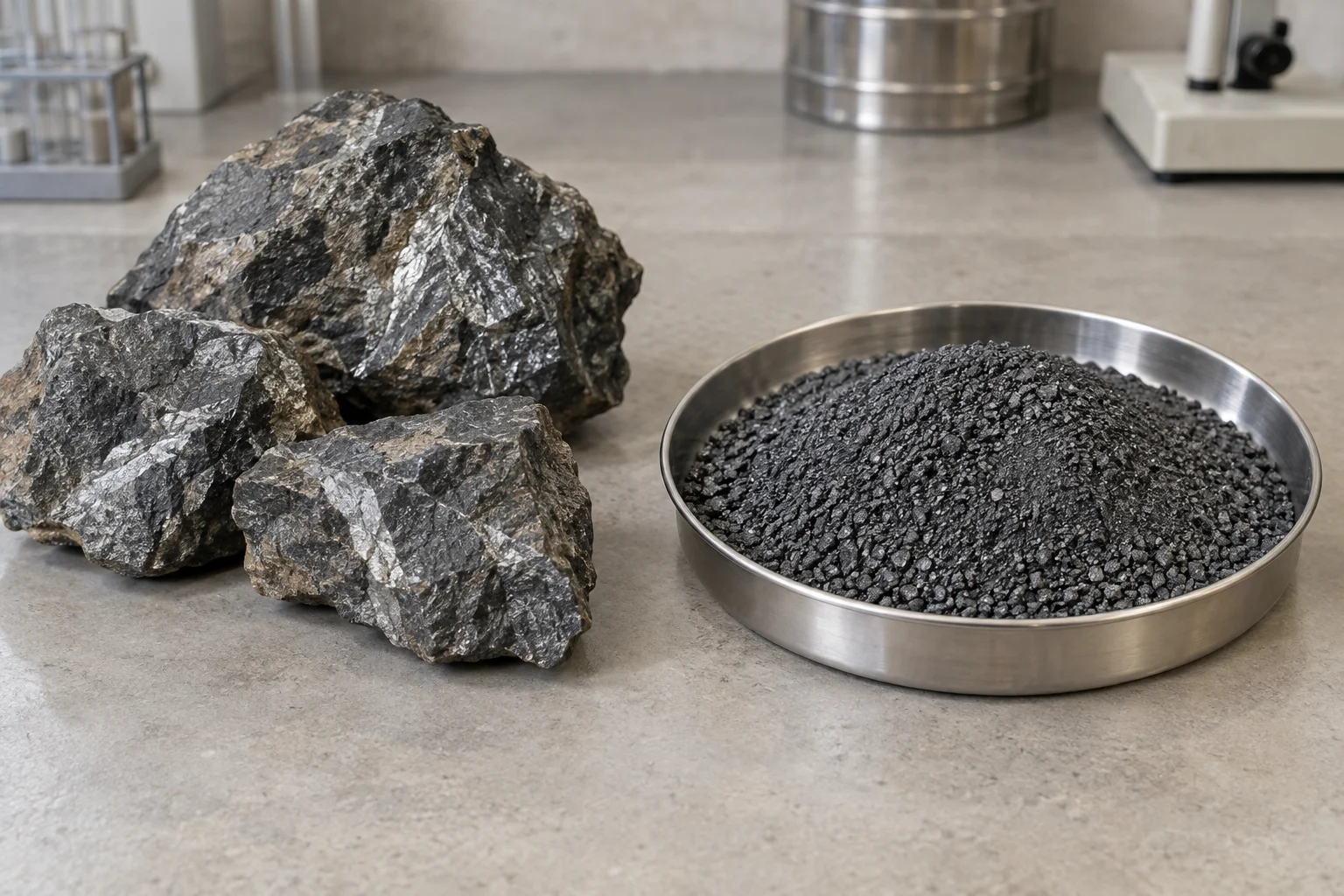 Illustrative antimony-bearing rocks and dark-grey concentrate