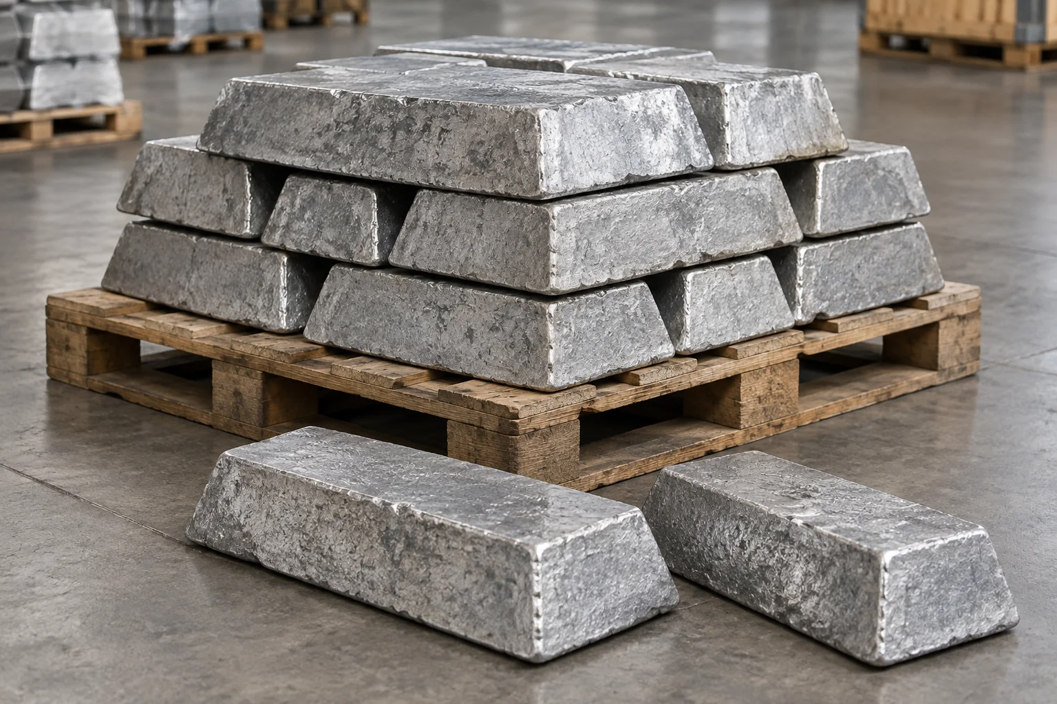 Illustrative cast antimony ingots stacked on a pallet