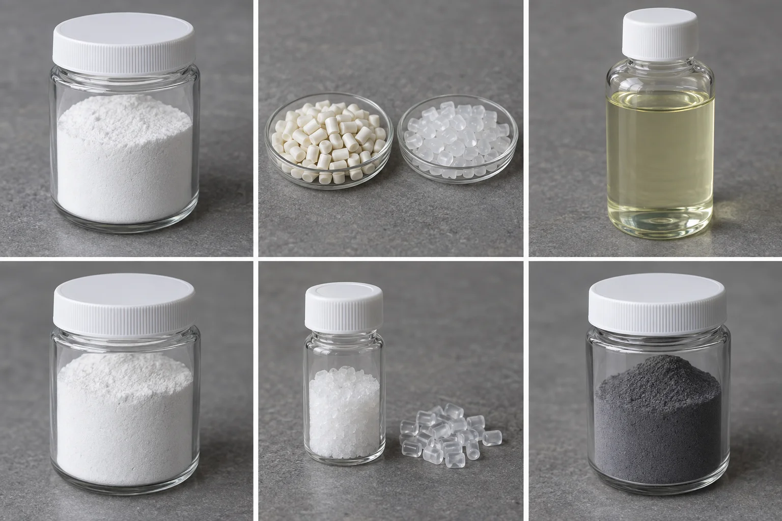Six illustrative antimony chemical products and processed forms