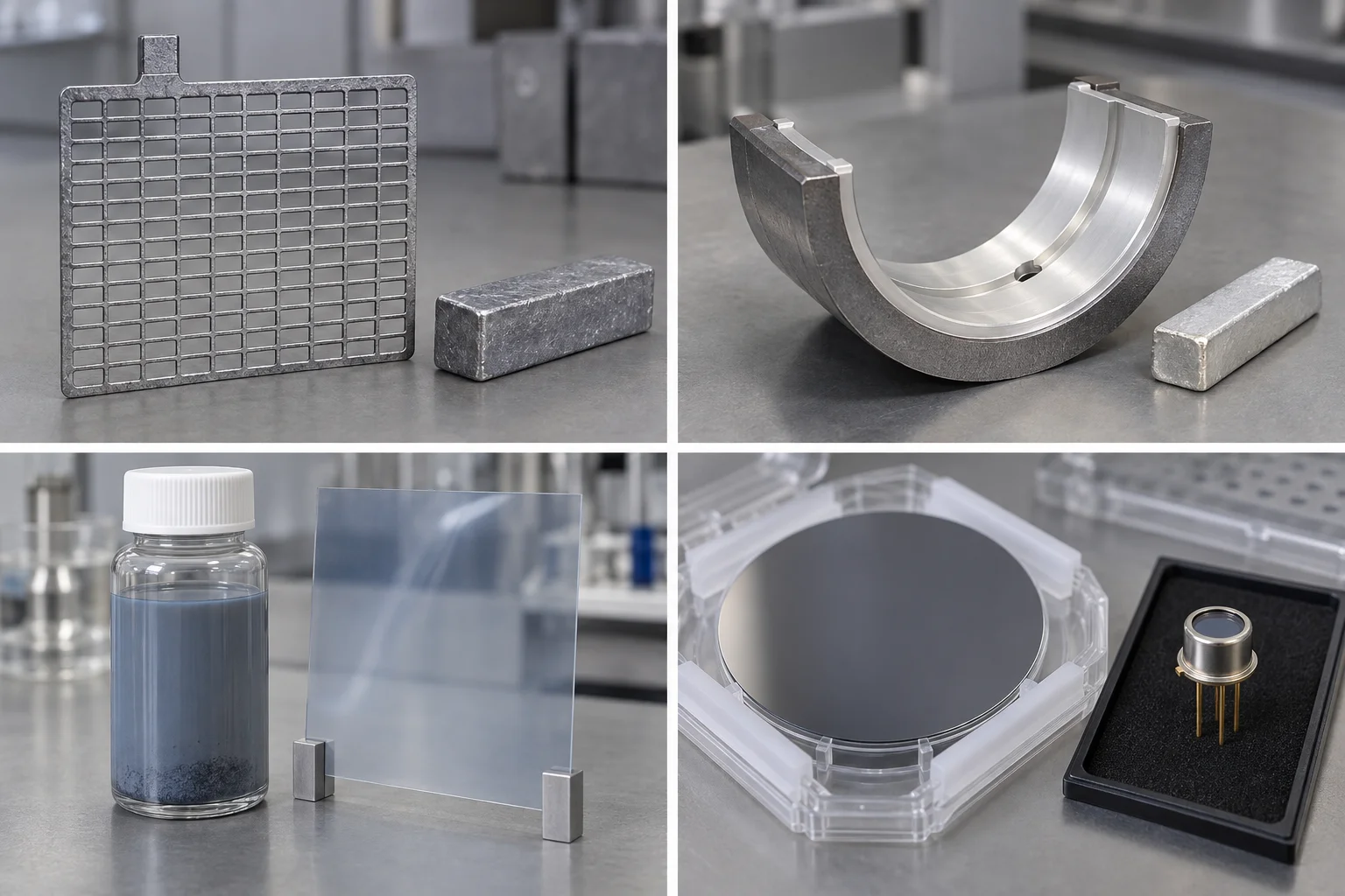 Illustrative lead-antimony grid, babbitt bearing, doped tin oxide and semiconductor materials