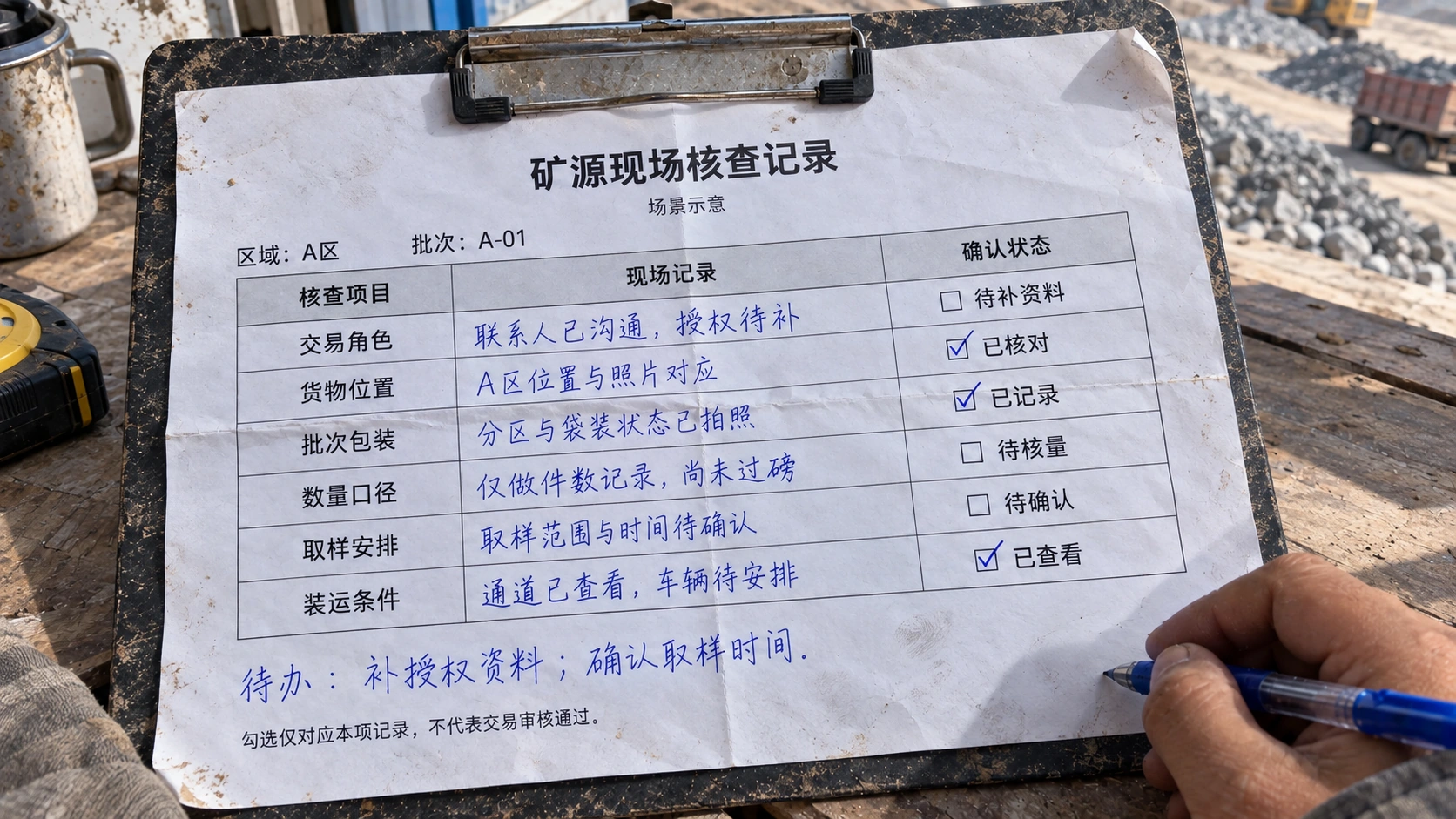矿源现场核查记录清单示意,列有核查项目、现场记录及已核对或待确认状态