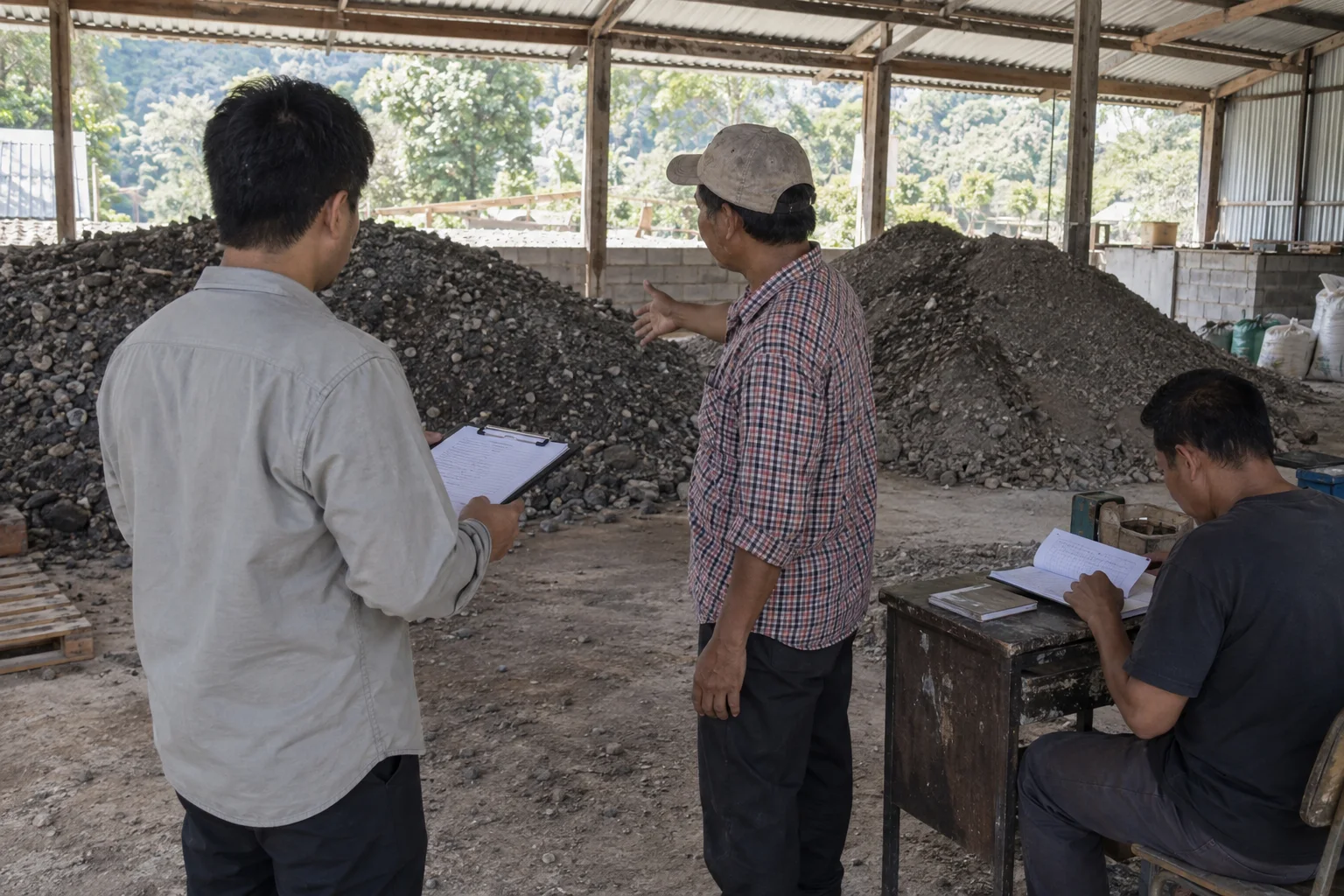 Illustrative warehouse visit with a buyer viewing ore while the custodian checks stock records