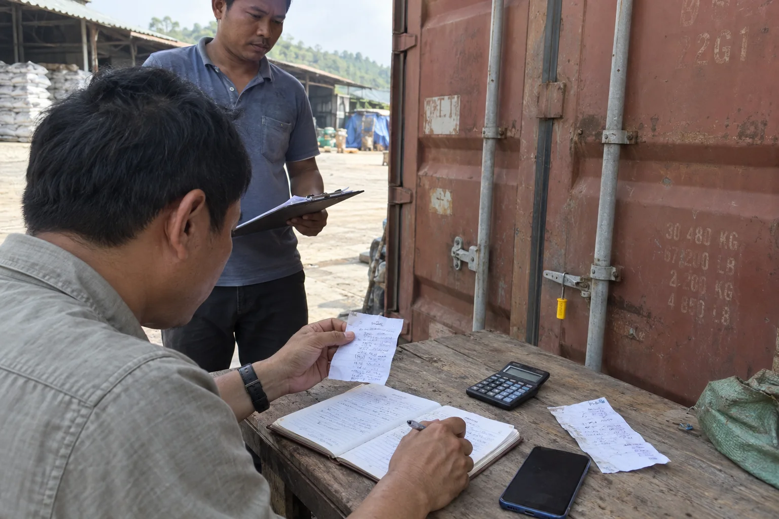 Illustrative check of a fee slip and warehouse records beside a container