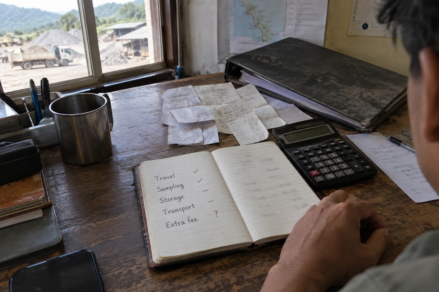 Illustrative notebook recording travel, sampling, storage, transport and additional expenses