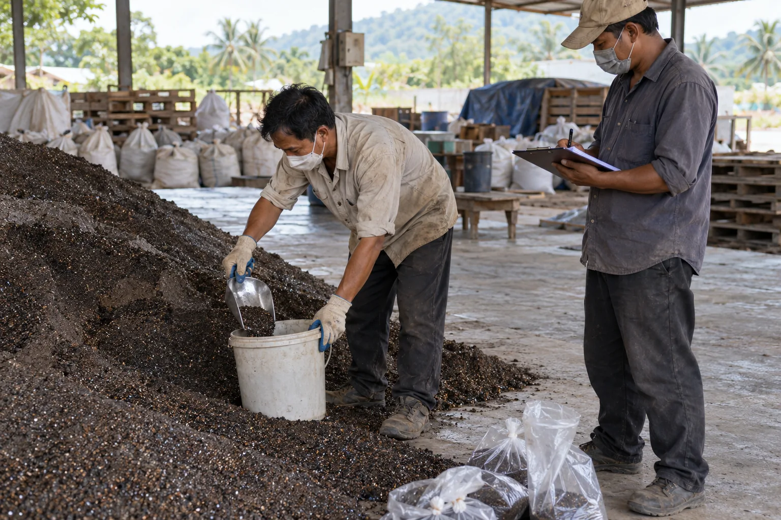 Illustrative scene: people collecting a material increment and recording site information