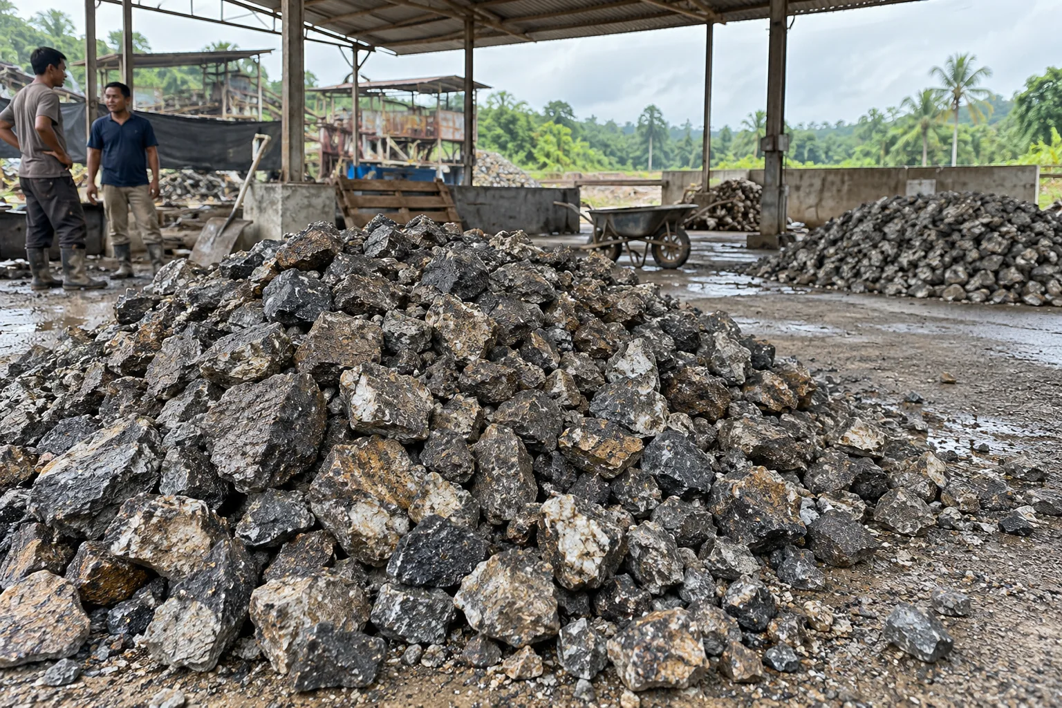 Illustrative scene: ore stockpiles under a shed with people discussing the material